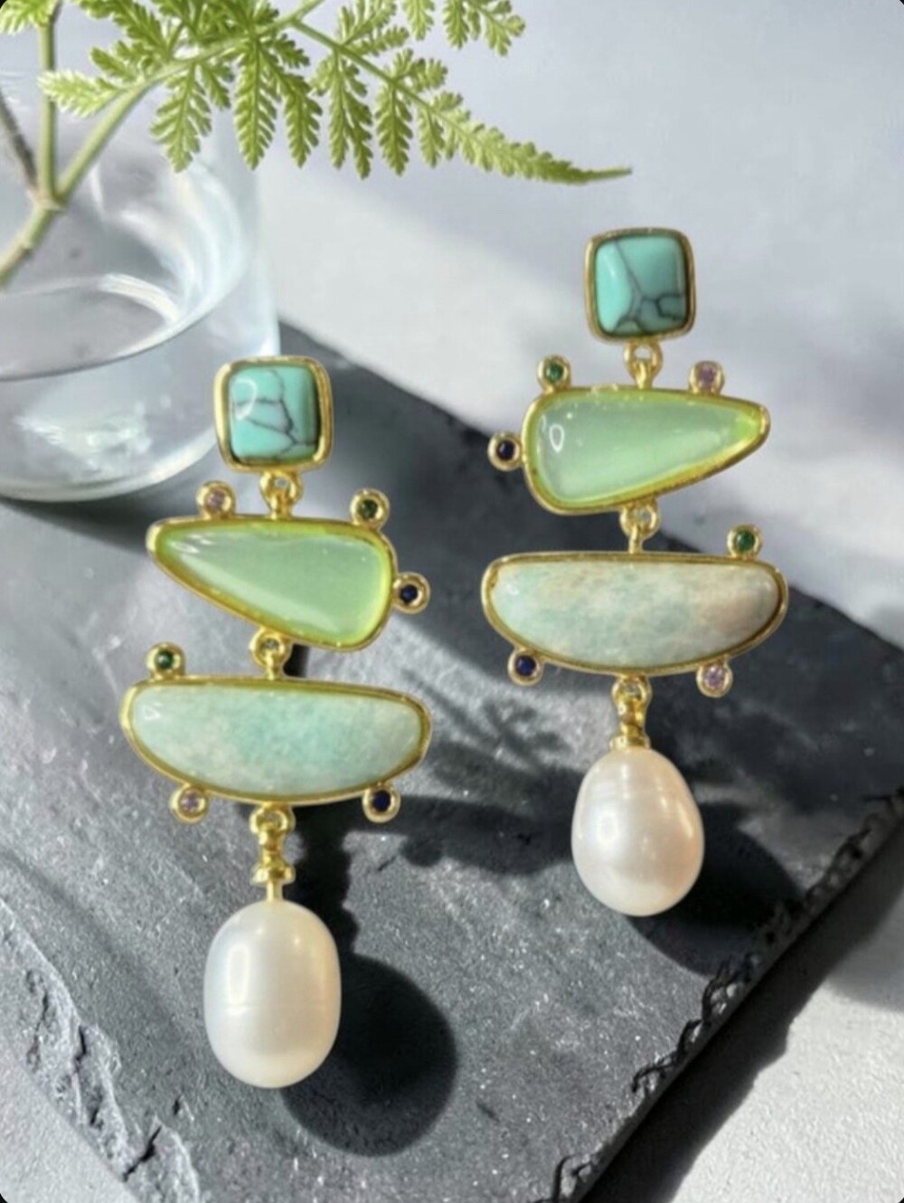18k Gold Plated Geometric Amazonite Turquoise Prehnite Crystal Pearl Earrings